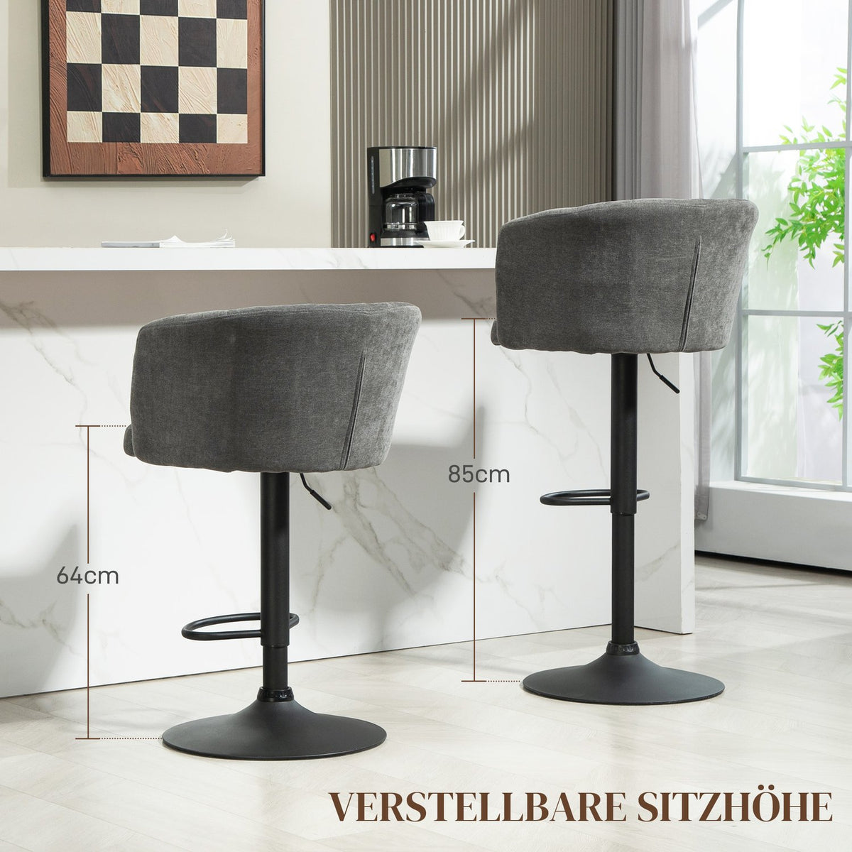 Set of 2 bar stools, bistro stools with footrest, swivel bar chair, height-adjustable kitchen stools with linen cover, for living room, dining room, dark gray