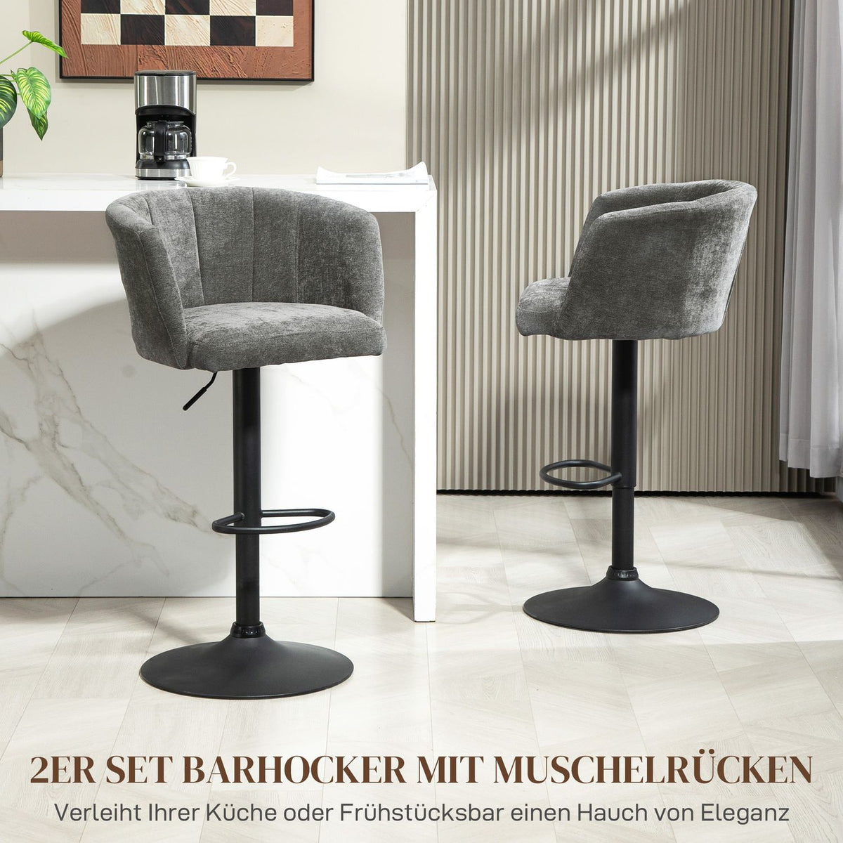 Set of 2 bar stools, bistro stools with footrest, swivel bar chair, height-adjustable kitchen stools with linen cover, for living room, dining room, dark gray
