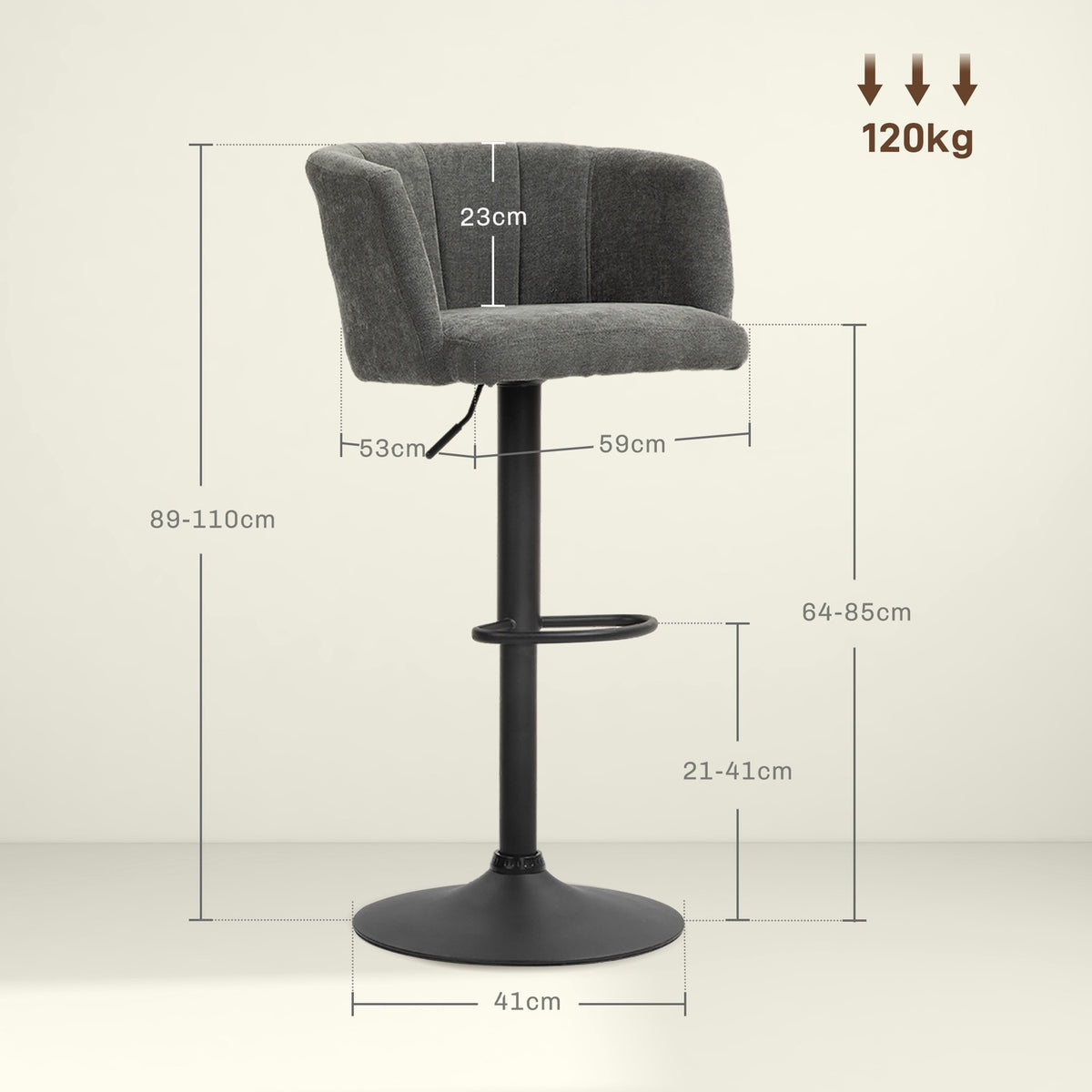 Set of 2 bar stools, bistro stools with footrest, swivel bar chair, height-adjustable kitchen stools with linen cover, for living room, dining room, dark gray