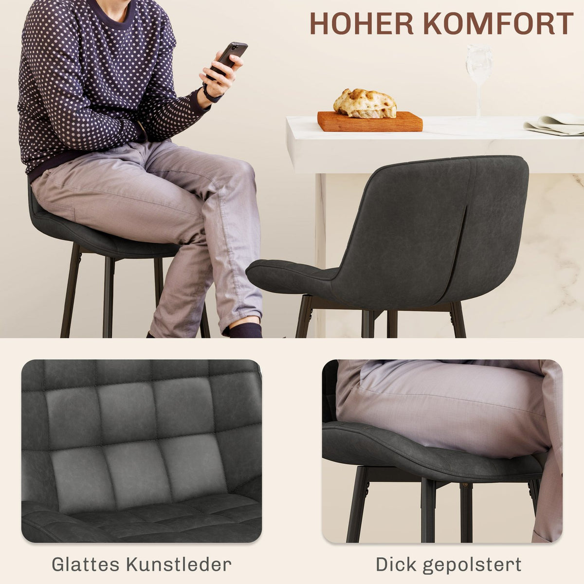 Set of 2 bar stools, bistro stools with footrest, swivel bar chair, kitchen chair with backrest for living room, dining room, dark gray, 48.5 x 48 x 98 cm