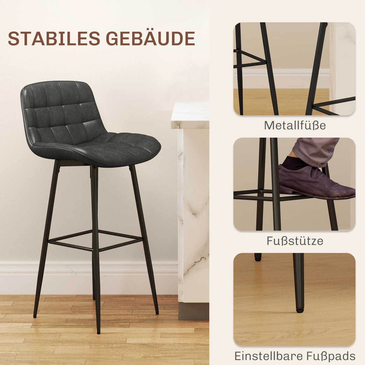 Set of 2 bar stools, bistro stools with footrest, swivel bar chair, kitchen chair with backrest for living room, dining room, dark gray, 48.5 x 48 x 98 cm