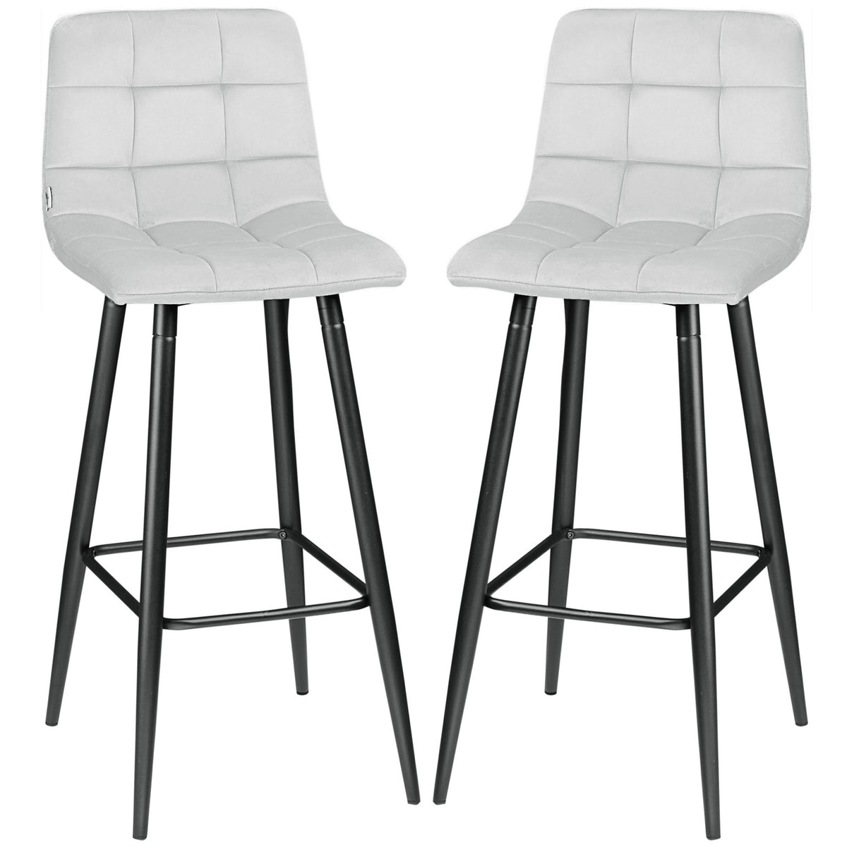 Set of 2 bar stools bistro stools with footrest velvet cover kitchen chair counter stool set steel legs light gray 42x47x105cm for living room