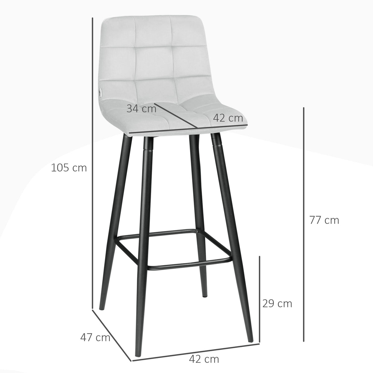 Set of 2 bar stools bistro stools with footrest velvet cover kitchen chair counter stool set steel legs light gray 42x47x105cm for living room