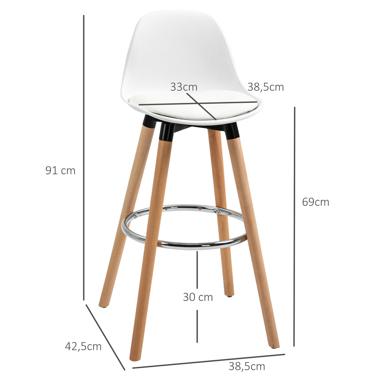 Set of 2 bar stools kitchen stools bar chair with footrests faux leather white 38.5 x 42.5 x 91 cm for dining room kitchen