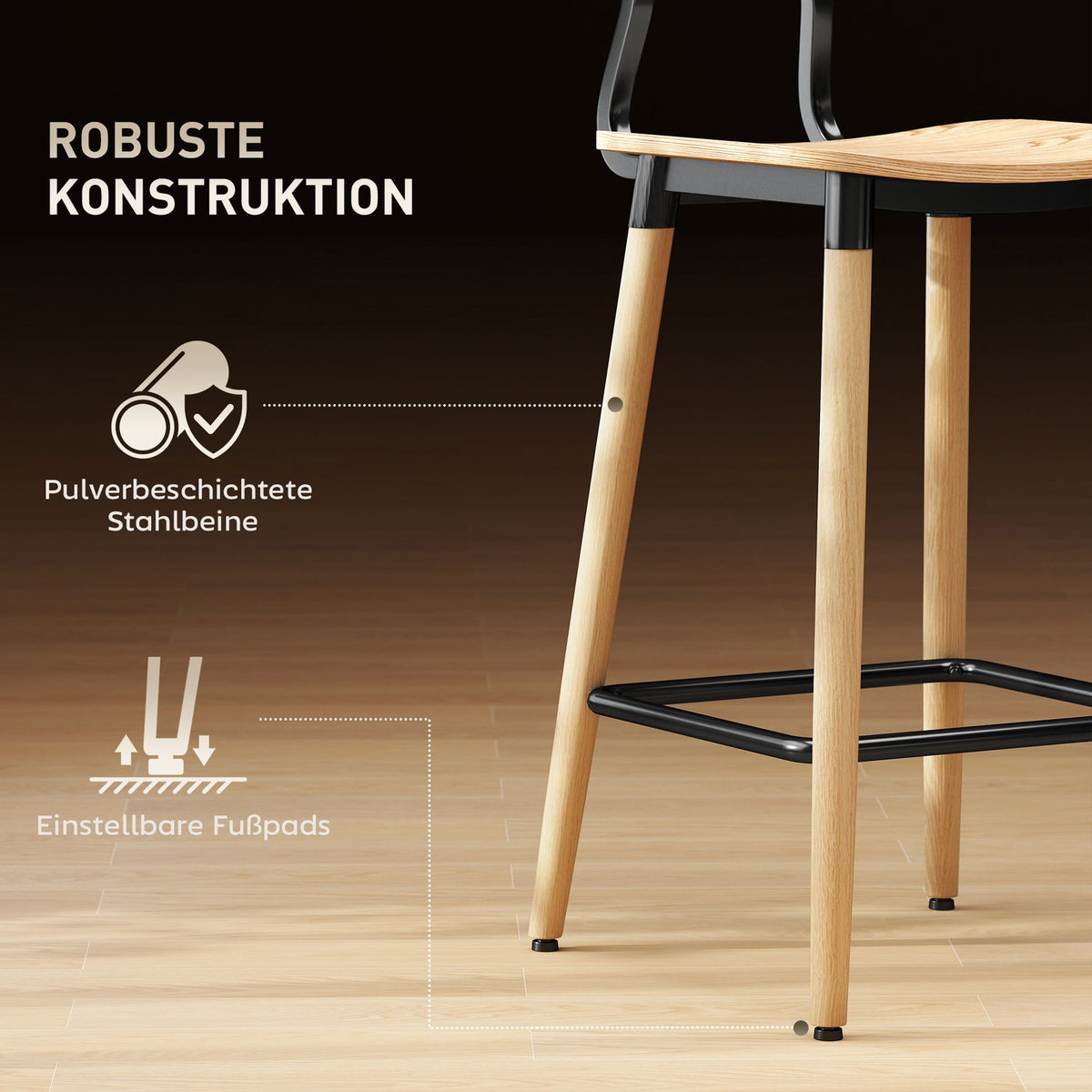 Set of 2 bar stools with backrest, bar chairs for home bar, kitchen island, dining room, wood, metal, light brown