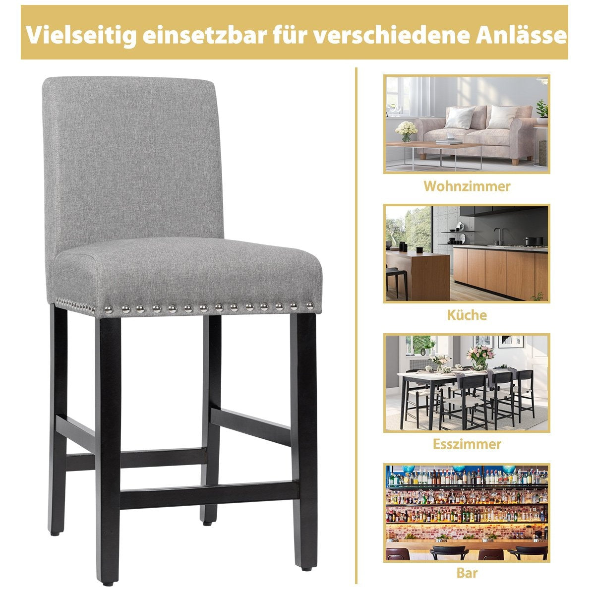 Set of 2 bar stools with legs made of rubber wood and breathable linen fabric bar chairs gray