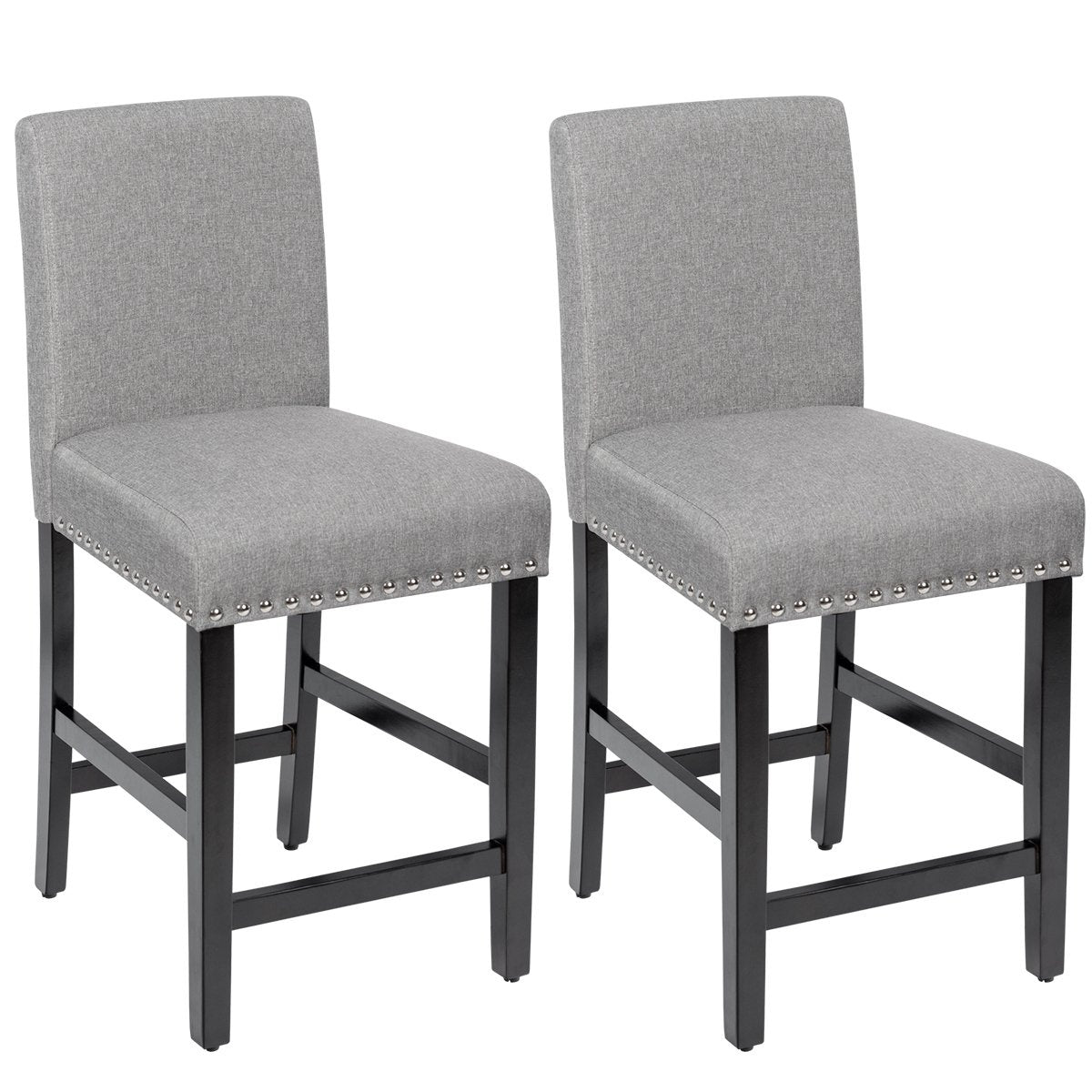 Set of 2 bar stools with legs made of rubber wood and breathable linen fabric bar chairs gray