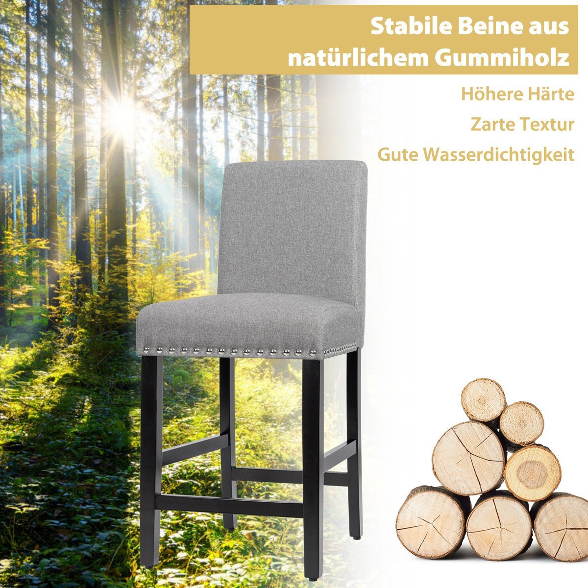 Set of 2 bar stools with legs made of rubber wood and breathable linen fabric bar chairs gray