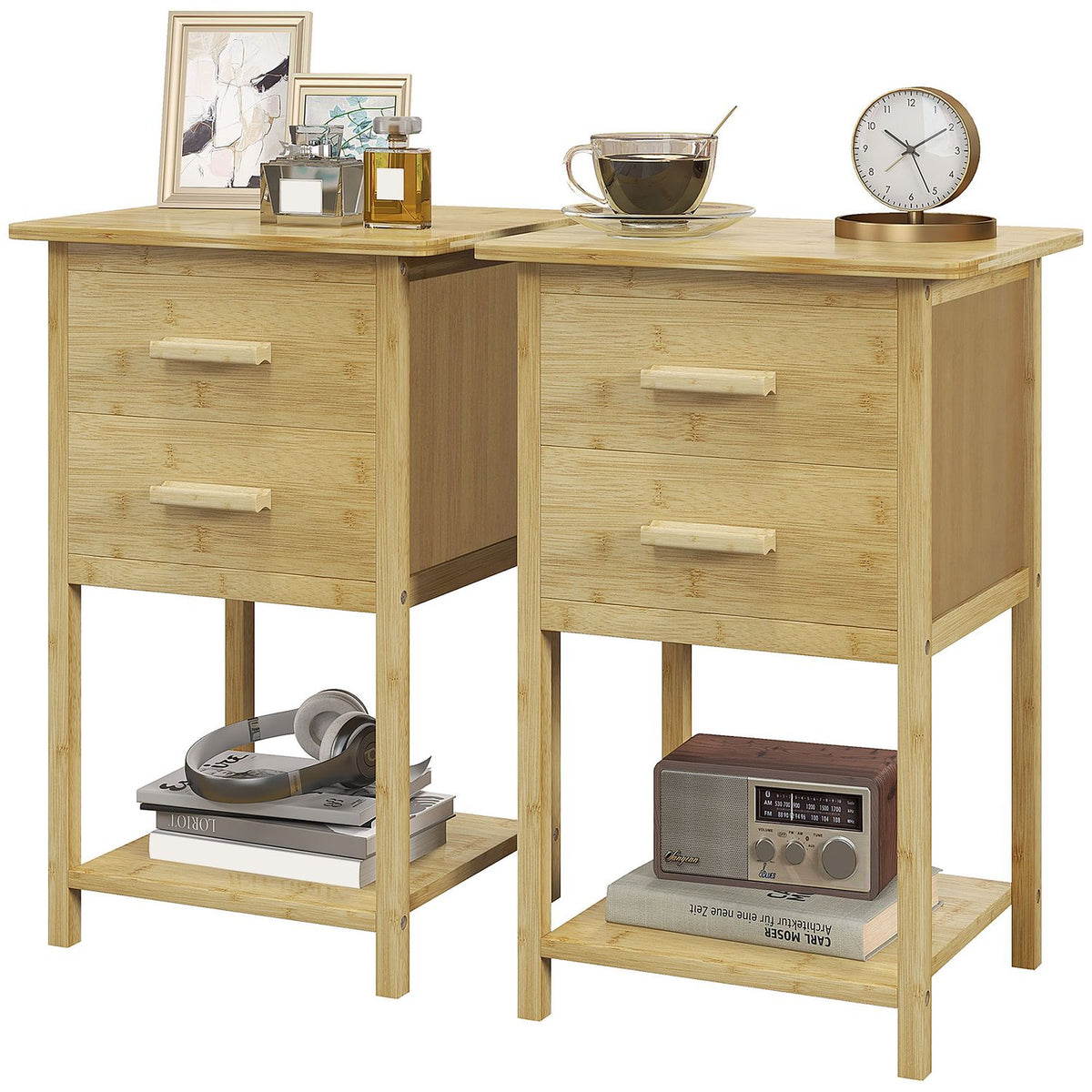 Set of 2 bedside tables, nightstand with drawer, shelf, nightstand with handle, for bedroom, living room, natural, 40 x 34 x 60 cm