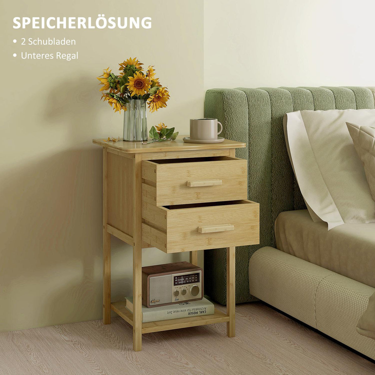 Set of 2 bedside tables, nightstand with drawer, shelf, nightstand with handle, for bedroom, living room, natural, 40 x 34 x 60 cm