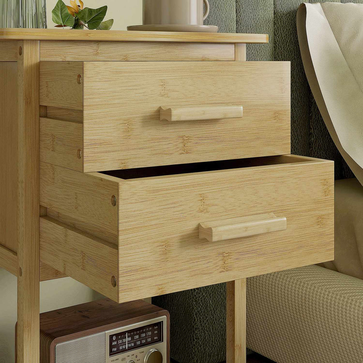 Set of 2 bedside tables, nightstand with drawer, shelf, nightstand with handle, for bedroom, living room, natural, 40 x 34 x 60 cm