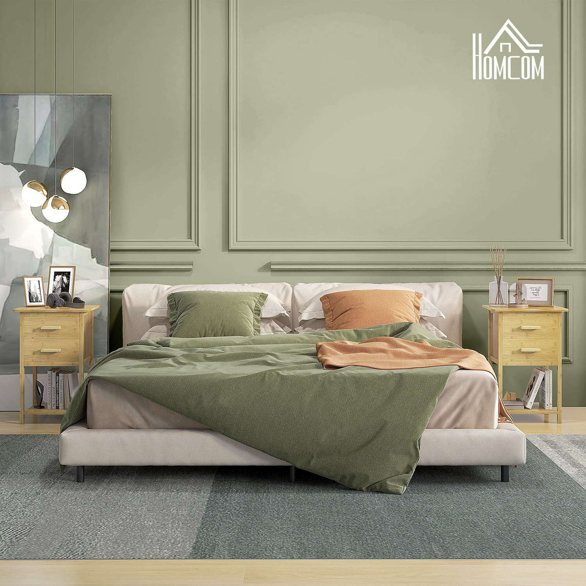 Set of 2 bedside tables, nightstand with drawer, shelf, nightstand with handle, for bedroom, living room, natural, 40 x 34 x 60 cm