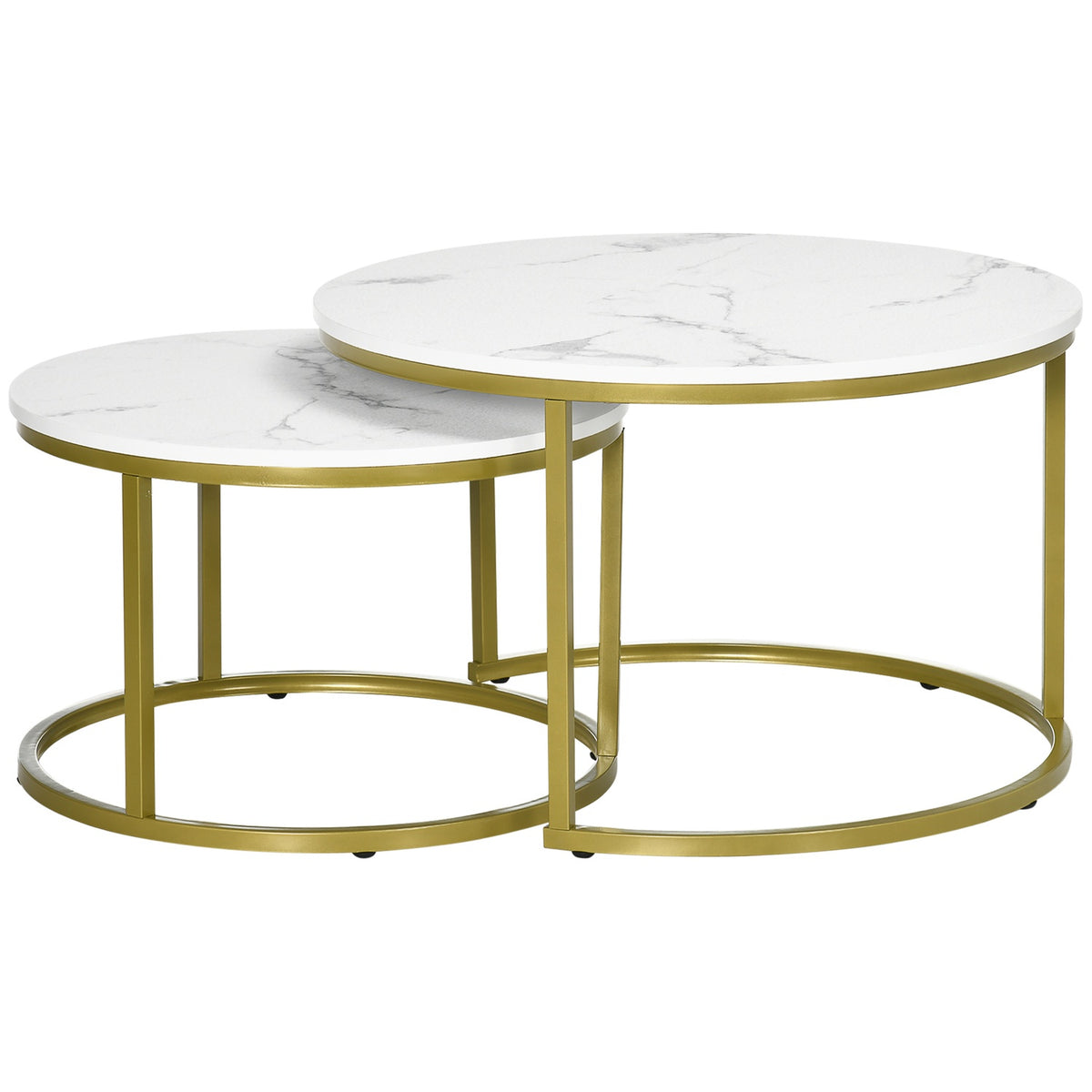 Set of 2 coffee tables, round side tables, coffee table with steel frame in gold, stackable sofa table with marble look, for living room, load capacity up to 30 kg, white