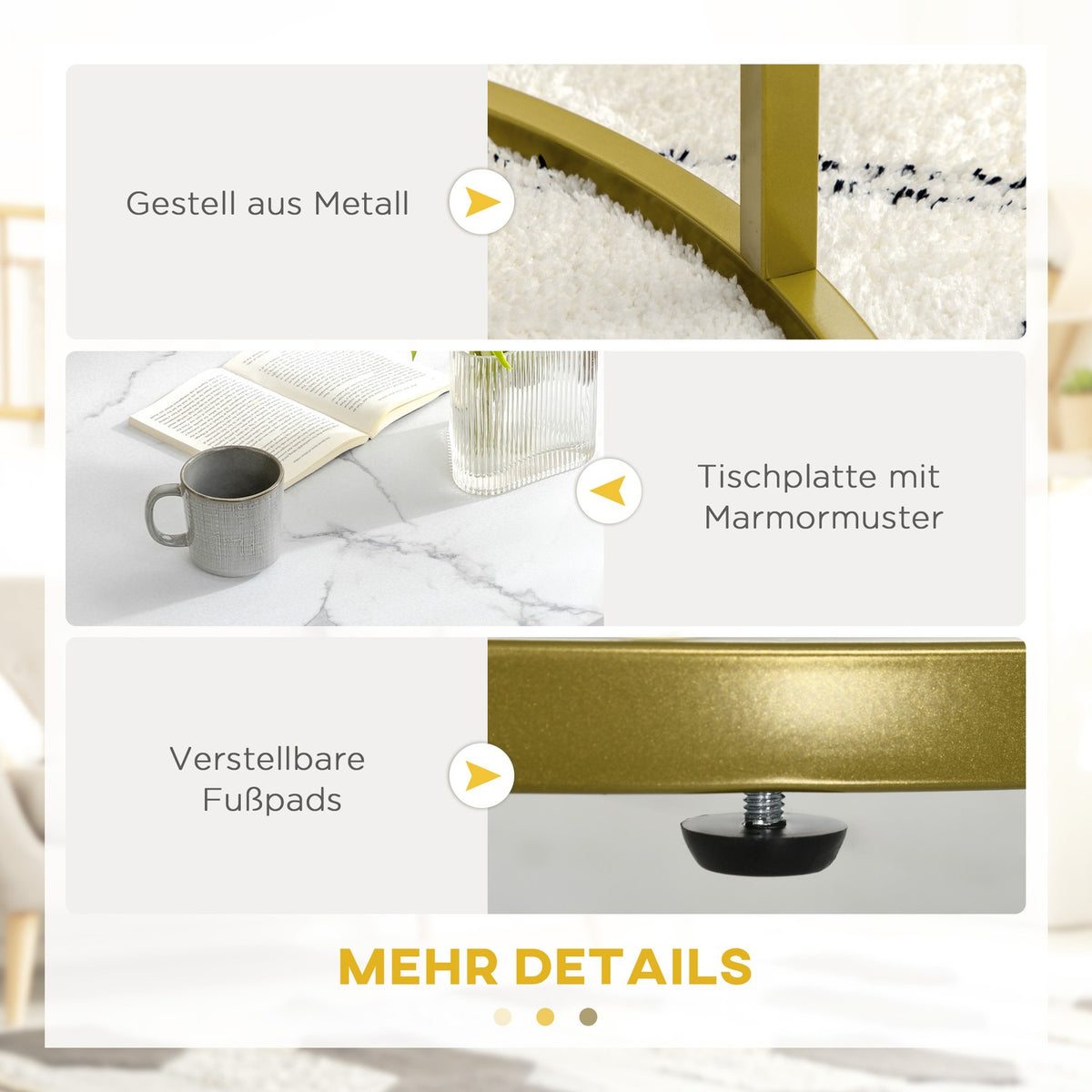 Set of 2 coffee tables, round side tables, coffee table with steel frame in gold, stackable sofa table with marble look, for living room, load capacity up to 30 kg, white