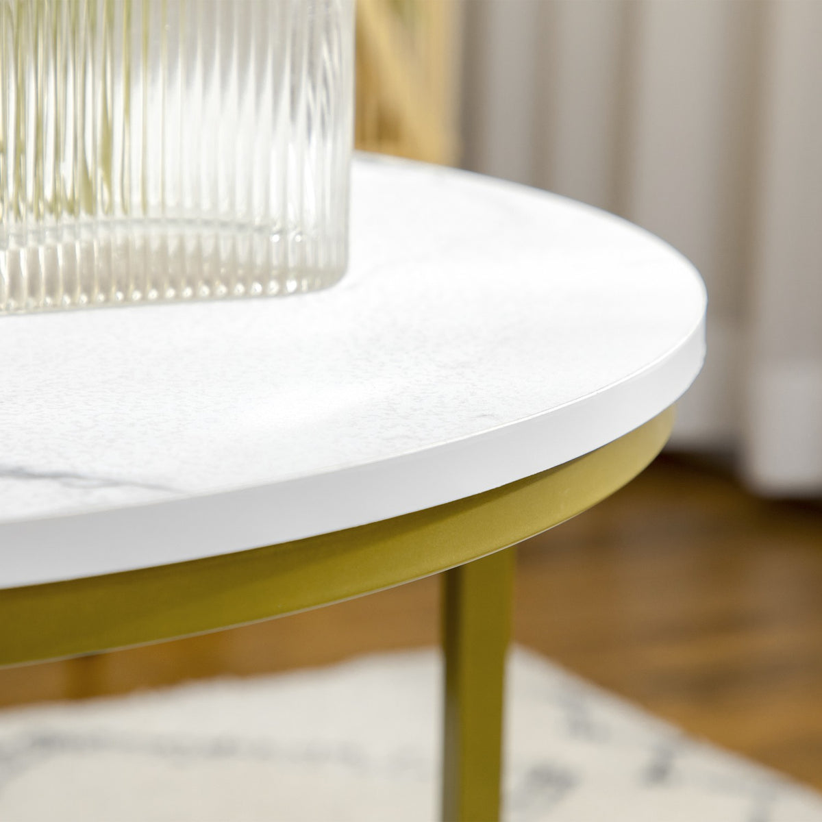 Set of 2 coffee tables, round side tables, coffee table with steel frame in gold, stackable sofa table with marble look, for living room, load capacity up to 30 kg, white