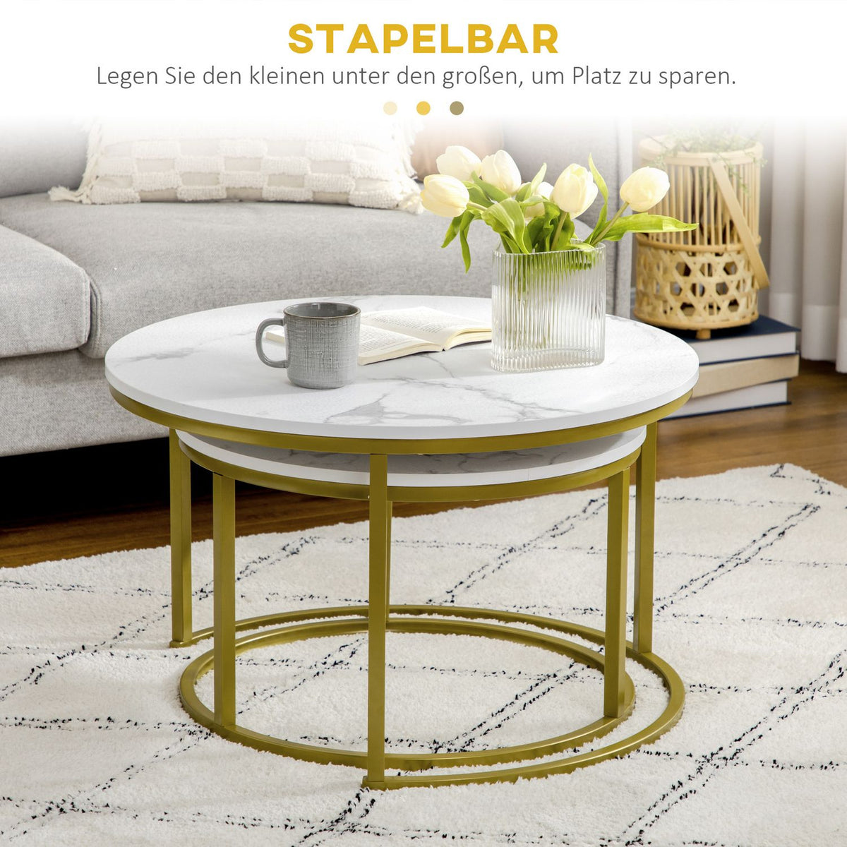 Set of 2 coffee tables, round side tables, coffee table with steel frame in gold, stackable sofa table with marble look, for living room, load capacity up to 30 kg, white
