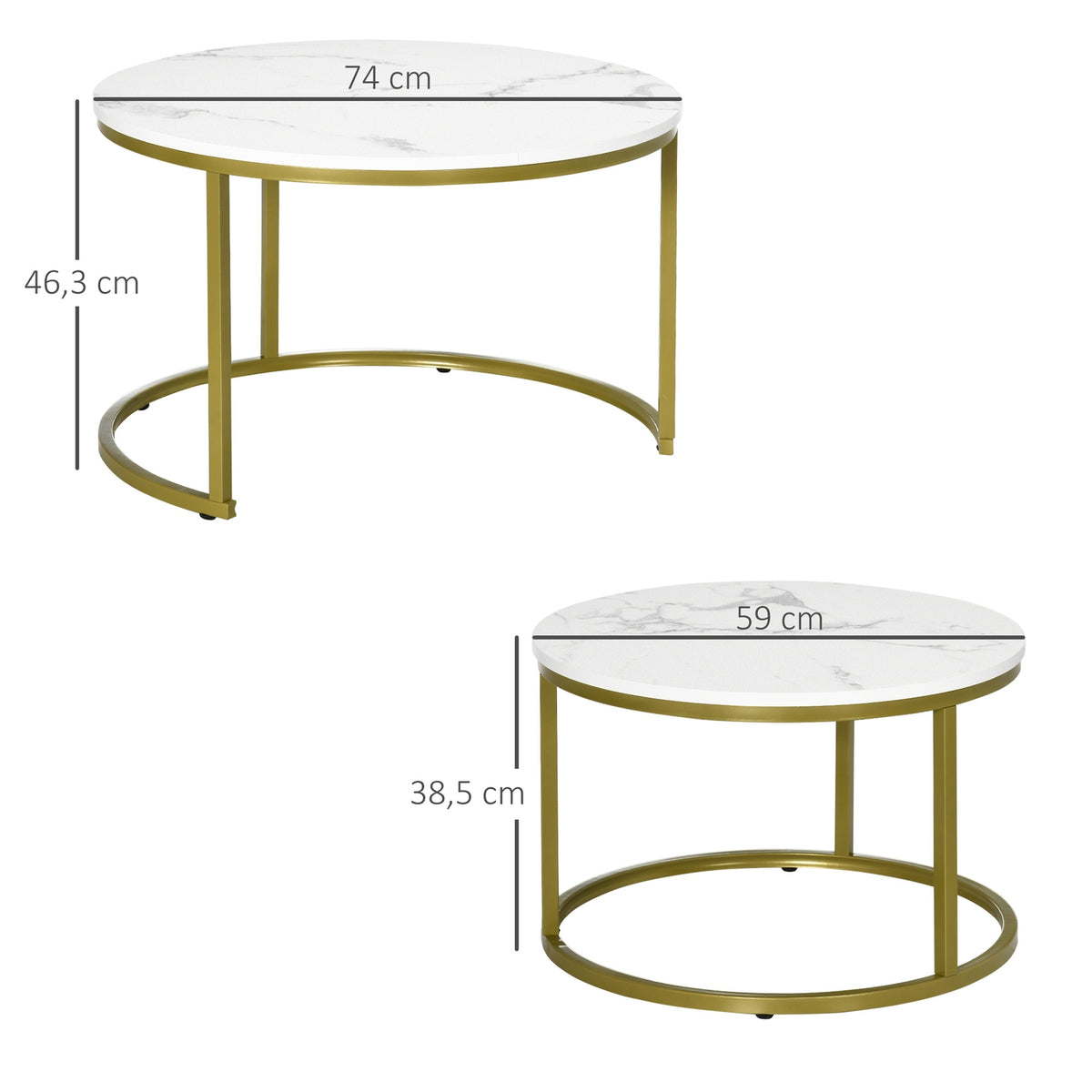 Set of 2 coffee tables, round side tables, coffee table with steel frame in gold, stackable sofa table with marble look, for living room, load capacity up to 30 kg, white