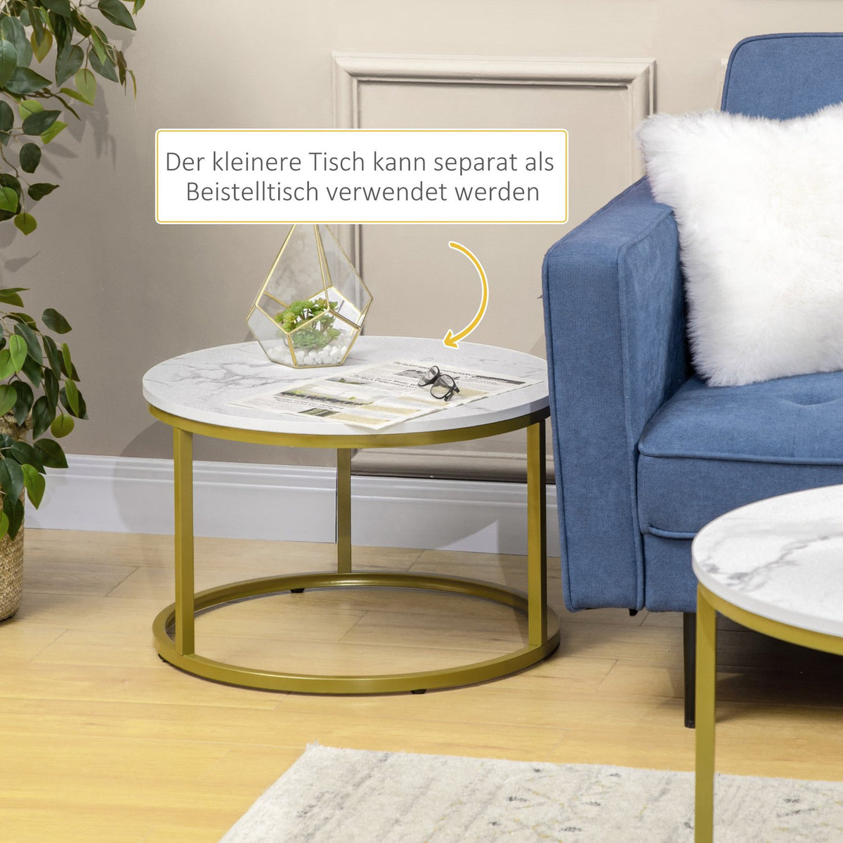 Set of 2 coffee tables, round side tables, coffee table with steel frame in gold, stackable sofa table with marble look, for living room, load capacity up to 30 kg, white