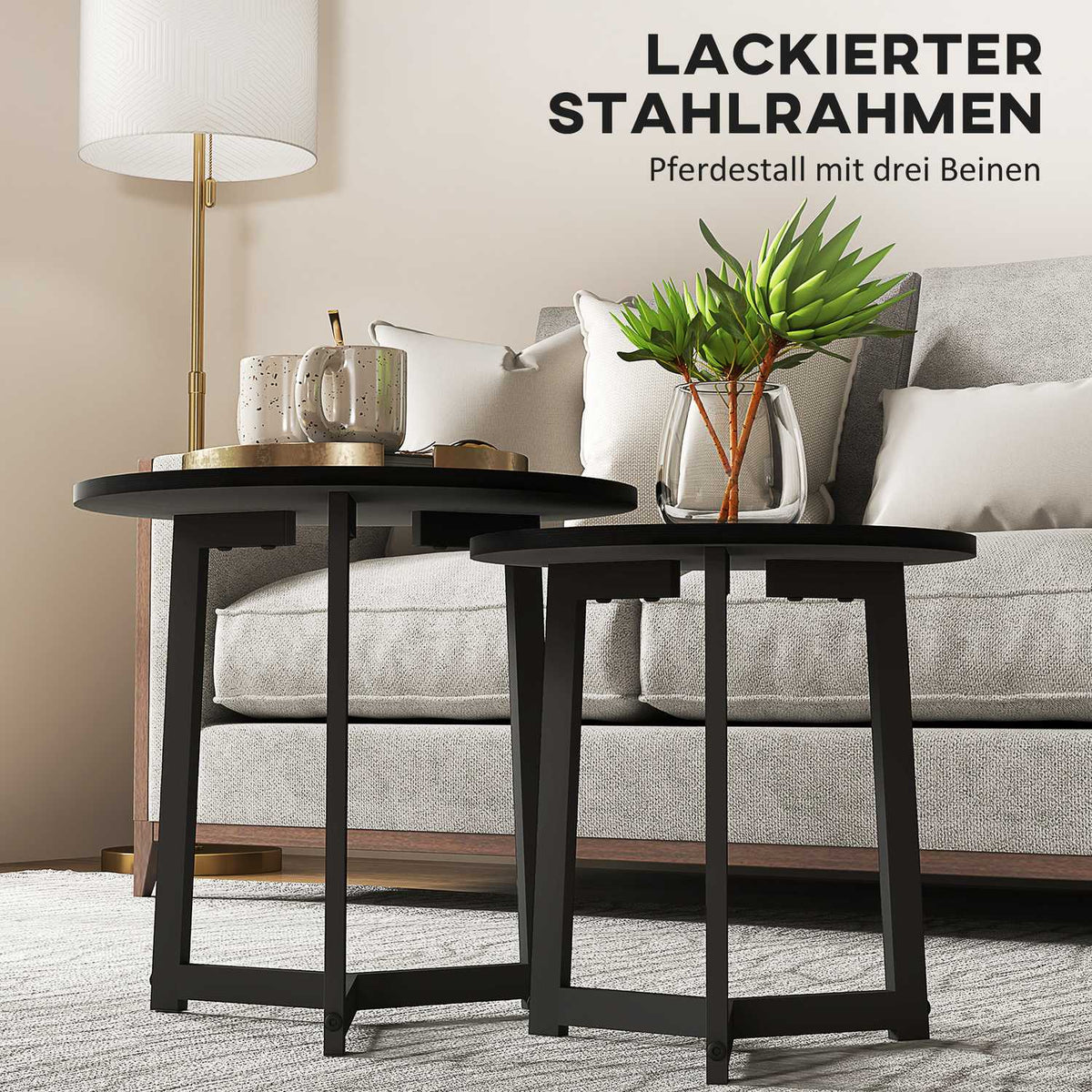 Set of 2 coffee tables, round side tables, coffee table with steel frame, sofa table in a modern design, for living room, load capacity up to 35 kg, black