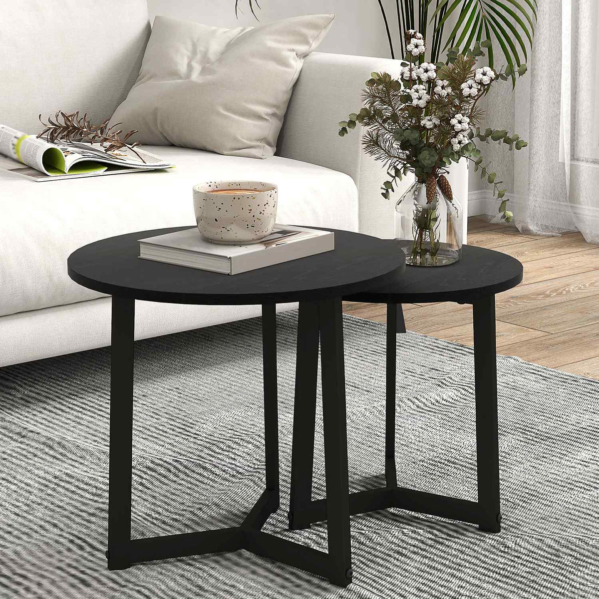 Set of 2 coffee tables, round side tables, coffee table with steel frame, sofa table in a modern design, for living room, load capacity up to 35 kg, black