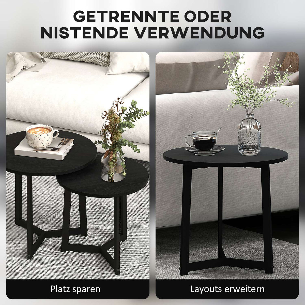 Set of 2 coffee tables, round side tables, coffee table with steel frame, sofa table in a modern design, for living room, load capacity up to 35 kg, black