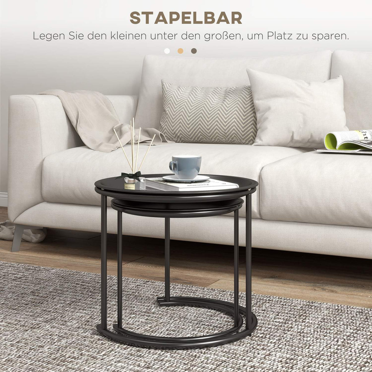 Set of 2 coffee tables, round side tables, stackable living room table, sofa table for living room, bedroom, hallway, steel, Ø43/35 cm, black