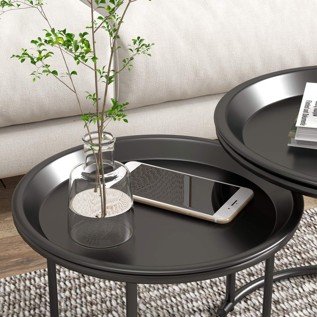 Set of 2 coffee tables, round side tables, stackable living room table, sofa table for living room, bedroom, hallway, steel, Ø43/35 cm, black