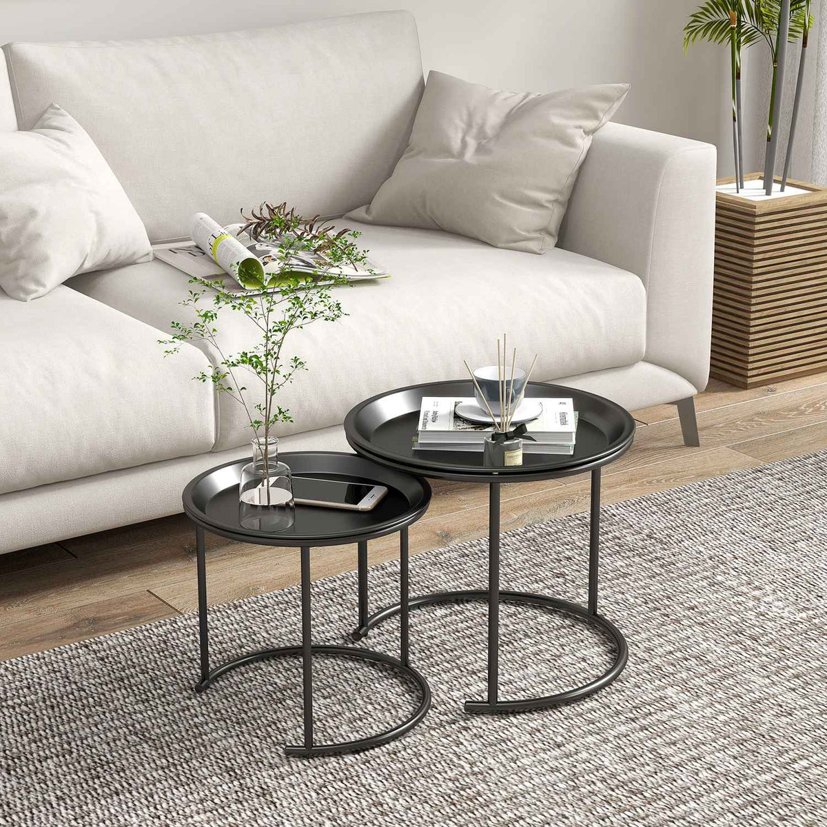 Set of 2 coffee tables, round side tables, stackable living room table, sofa table for living room, bedroom, hallway, steel, Ø43/35 cm, black