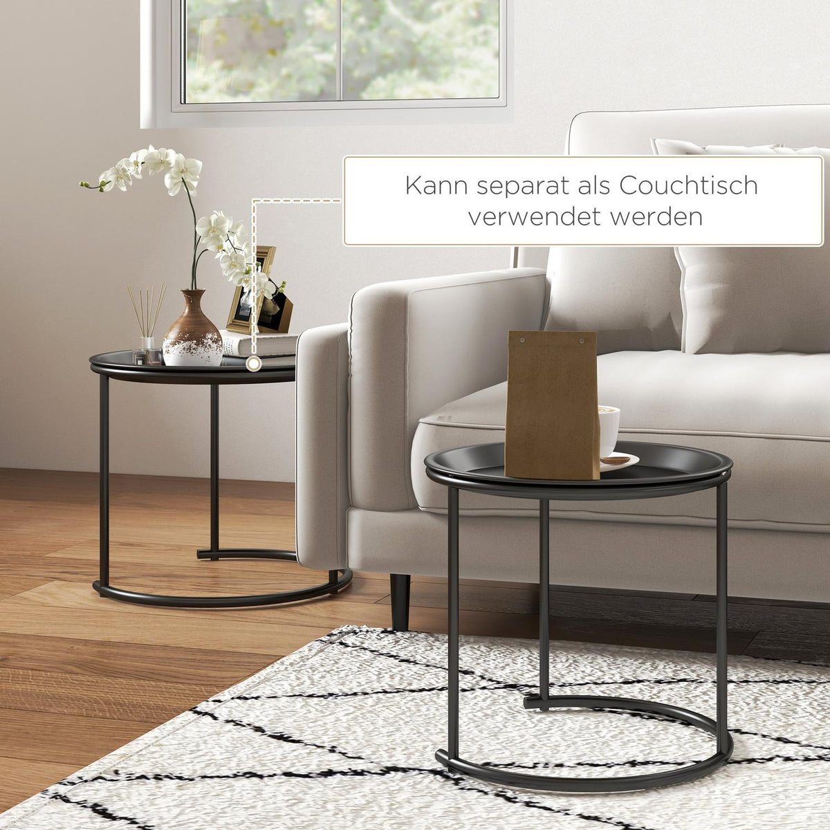 Set of 2 coffee tables, round side tables, stackable living room table, sofa table for living room, bedroom, hallway, steel, Ø43/35 cm, black
