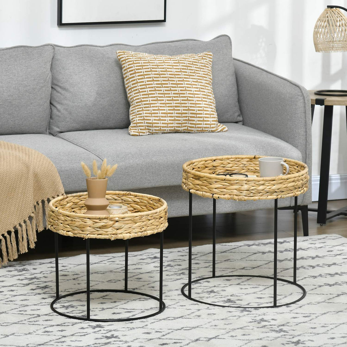 Set of 2 coffee tables, side tables, boho style coffee table, water hyacinth nesting table, sofa table for living room, steel, natural