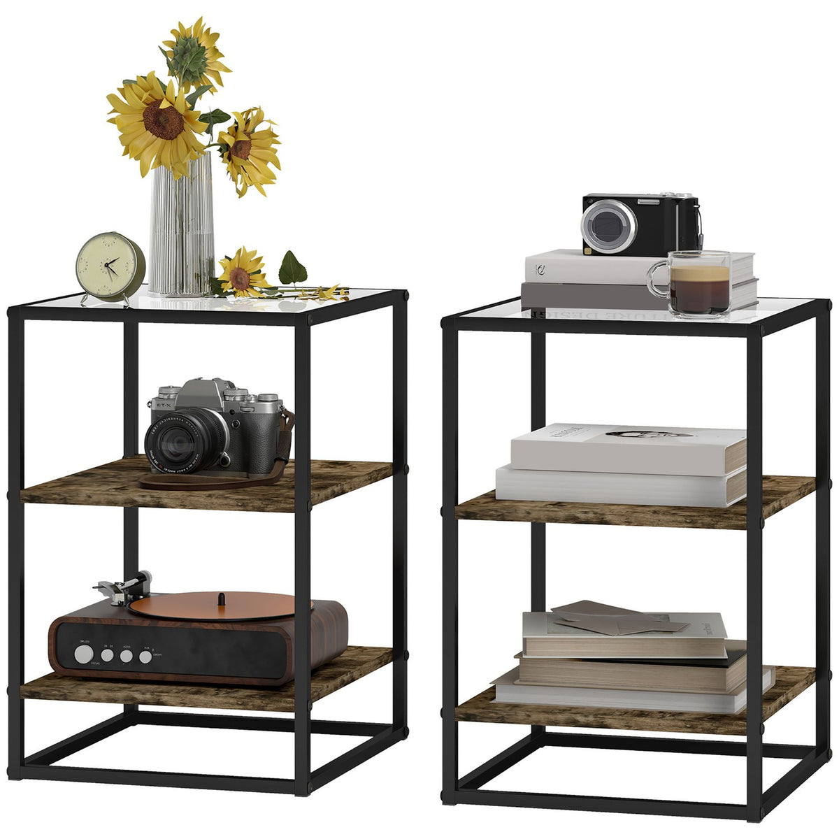 Set of 2 coffee tables, side tables with glass top, living room table with 3 levels, sofa table for living room, bedroom, hallway, 37 x 40 x 55.5 cm, rustic brown