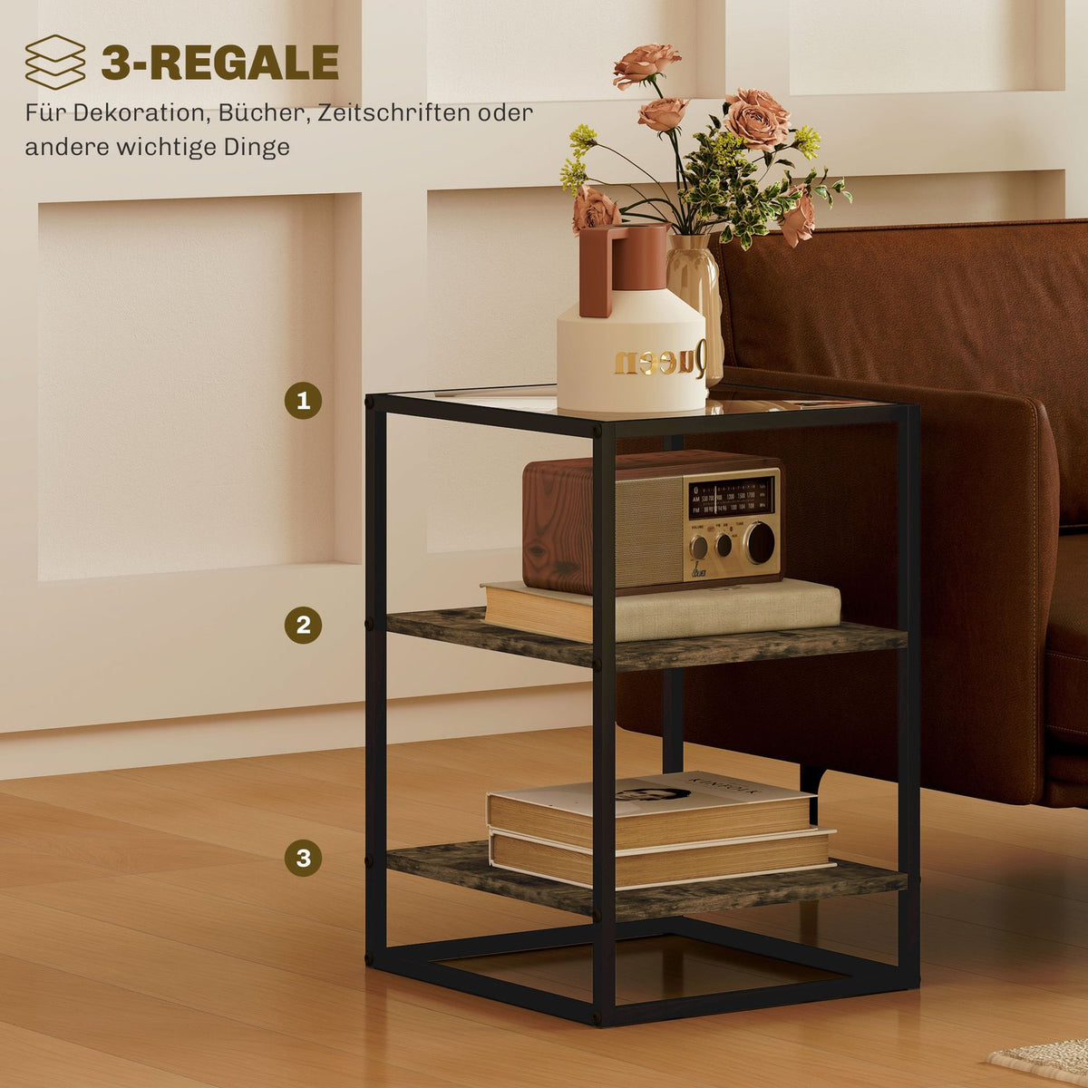 Set of 2 coffee tables, side tables with glass top, living room table with 3 levels, sofa table for living room, bedroom, hallway, 37 x 40 x 55.5 cm, rustic brown