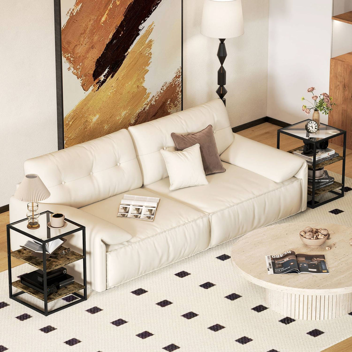 Set of 2 coffee tables, side tables with glass top, living room table with 3 levels, sofa table for living room, bedroom, hallway, 37 x 40 x 55.5 cm, rustic brown