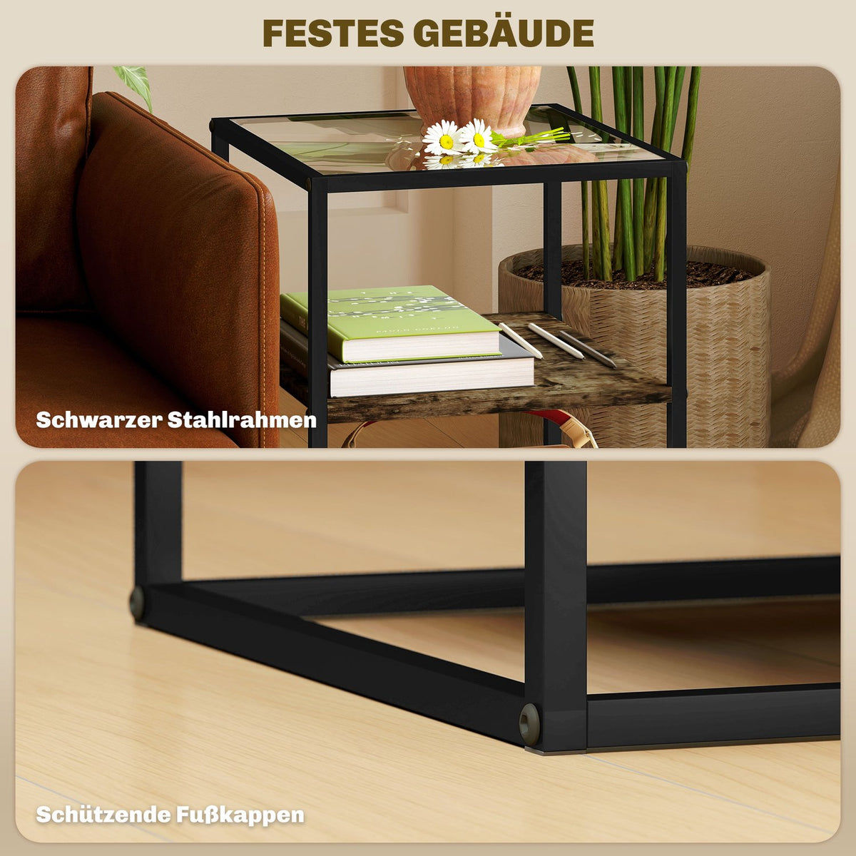 Set of 2 coffee tables, side tables with glass top, living room table with 3 levels, sofa table for living room, bedroom, hallway, 37 x 40 x 55.5 cm, rustic brown