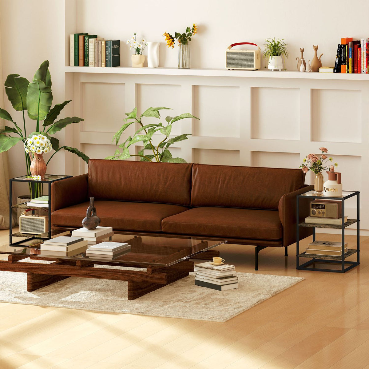 Set of 2 coffee tables, side tables with glass top, living room table with 3 levels, sofa table for living room, bedroom, hallway, 37 x 40 x 55.5 cm, rustic brown