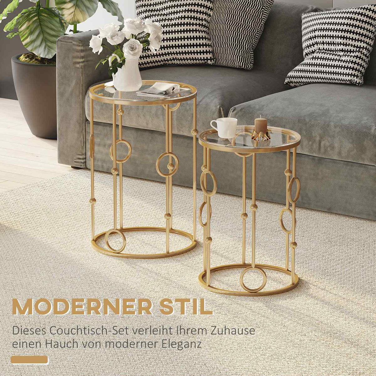 Set of 2 coffee tables, side tables with glass tops, living room tables with hoop and ball design Ø41 x 57 cm, gold