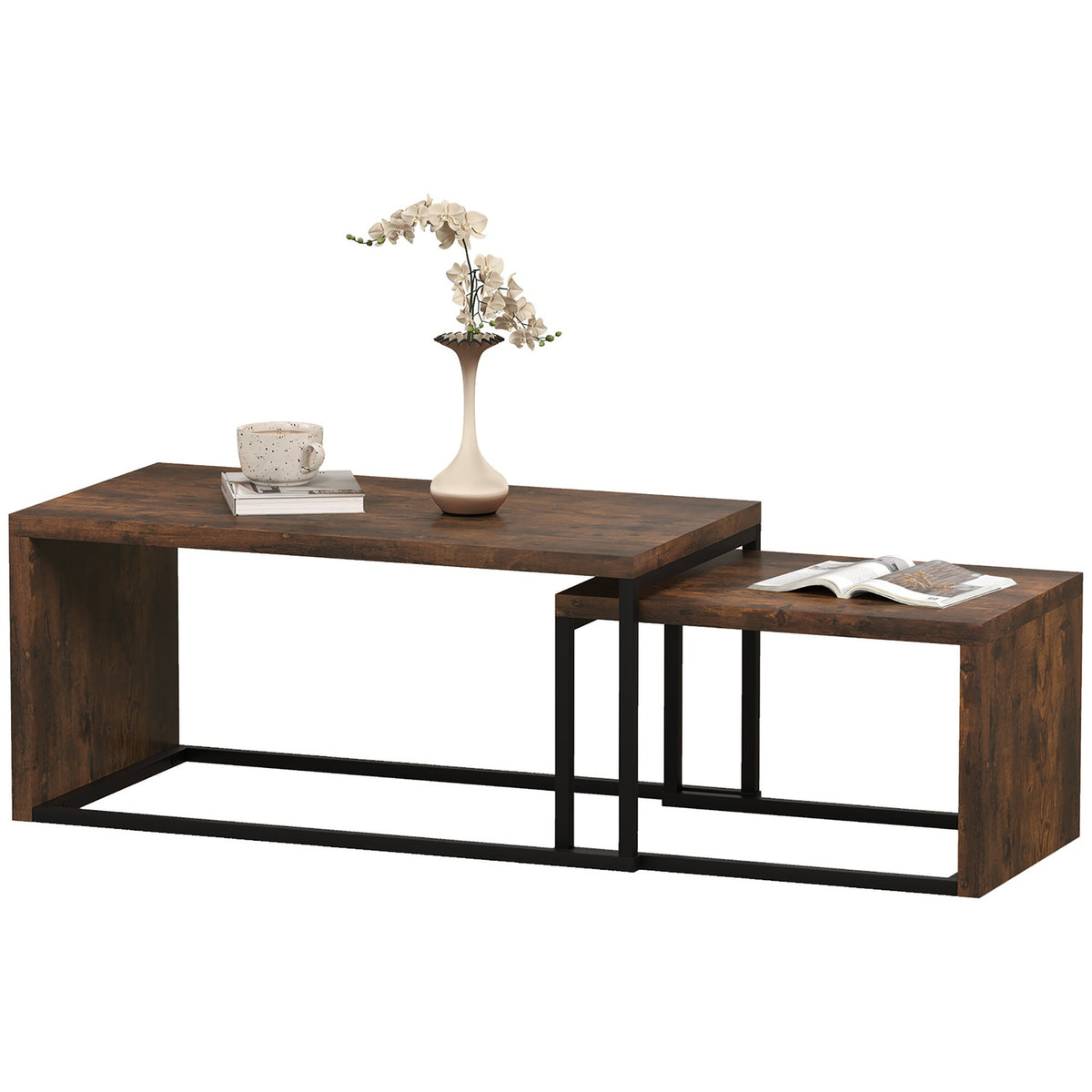 Set of 2 coffee tables, sofa table, side table, coffee table, various shapes, multifunctional, elegant, simple, metal base, black and brown