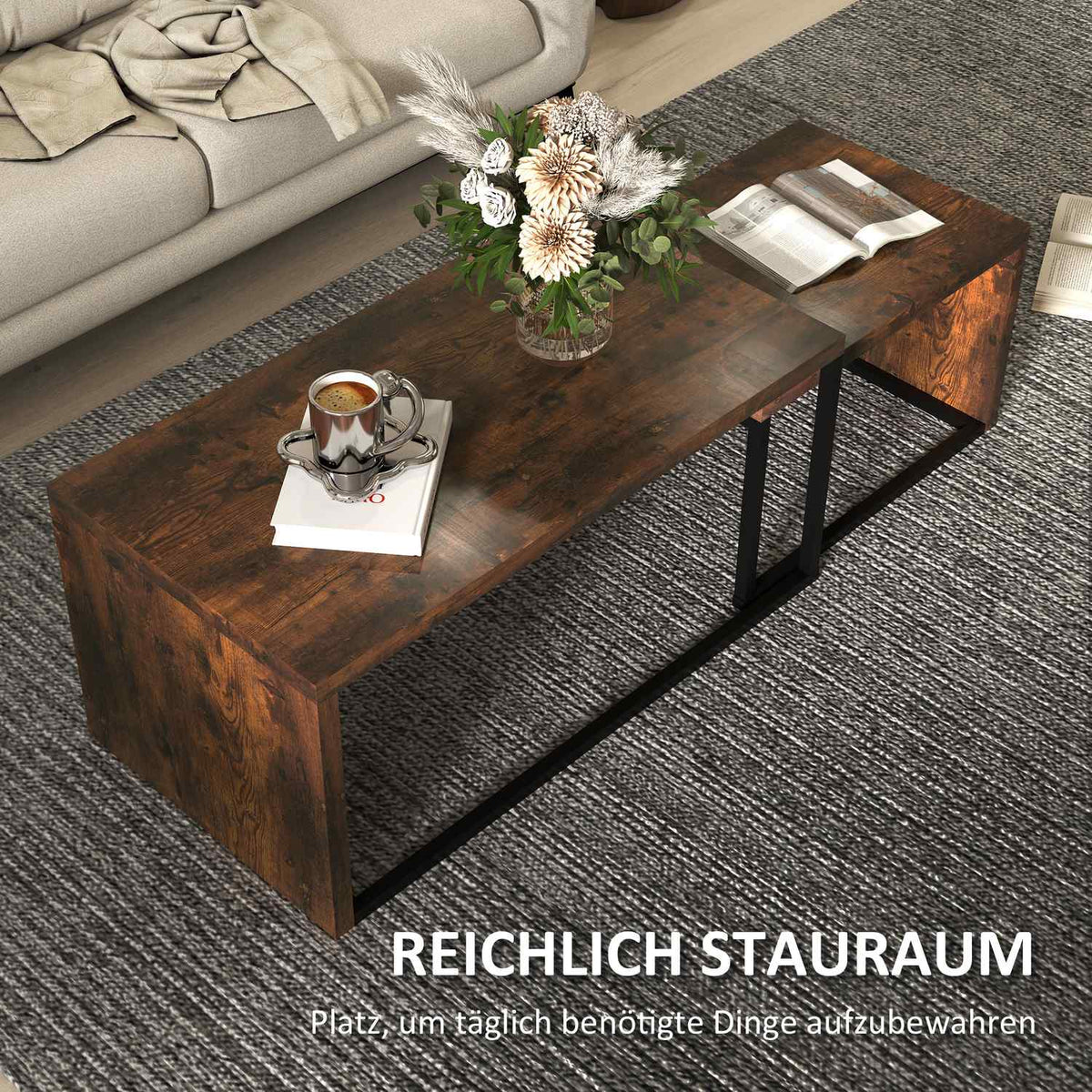 Set of 2 coffee tables, sofa table, side table, coffee table, various shapes, multifunctional, elegant, simple, metal base, black and brown