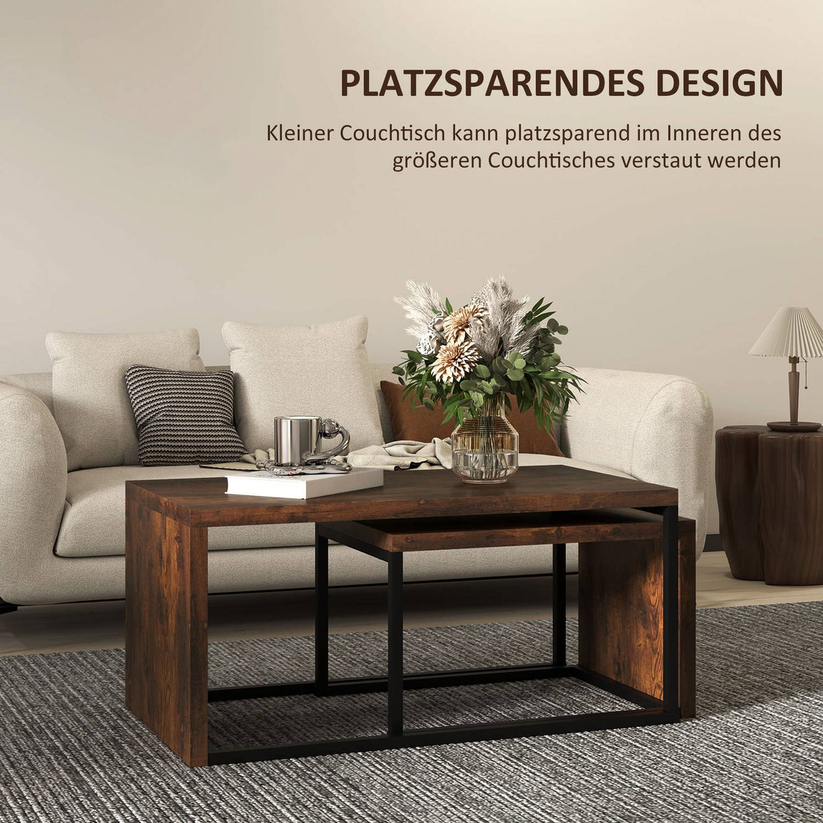 Set of 2 coffee tables, sofa table, side table, coffee table, various shapes, multifunctional, elegant, simple, metal base, black and brown