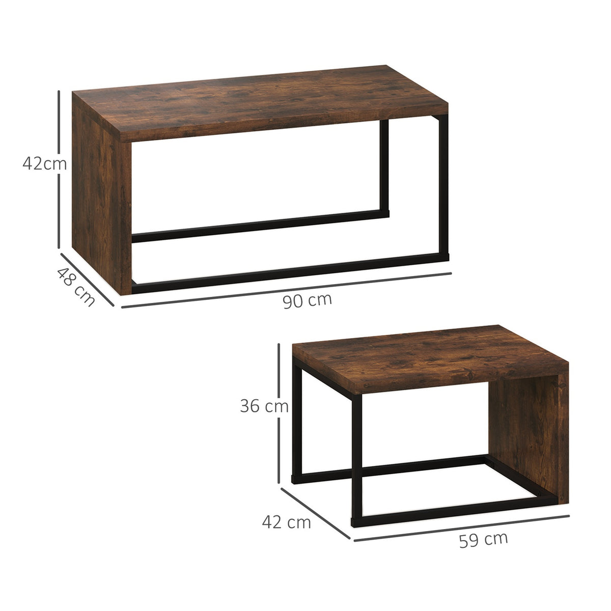 Set of 2 coffee tables, sofa table, side table, coffee table, various shapes, multifunctional, elegant, simple, metal base, black and brown