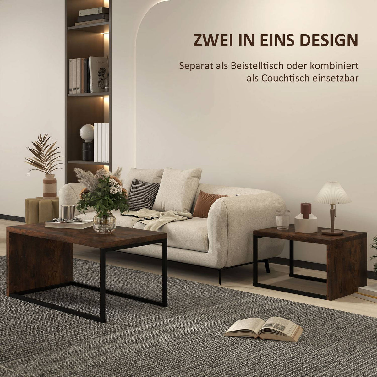 Set of 2 coffee tables, sofa table, side table, coffee table, various shapes, multifunctional, elegant, simple, metal base, black and brown