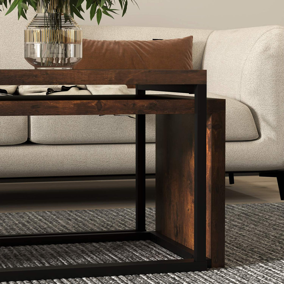 Set of 2 coffee tables, sofa table, side table, coffee table, various shapes, multifunctional, elegant, simple, metal base, black and brown