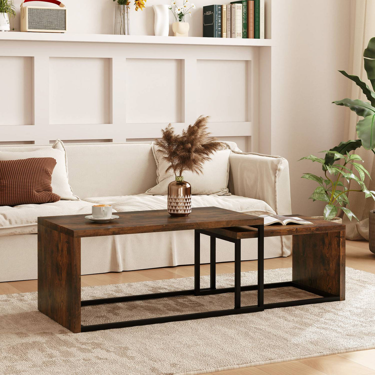 Set of 2 coffee tables, sofa table, side table, coffee table, various shapes, multifunctional, elegant, simple, metal base, black and brown