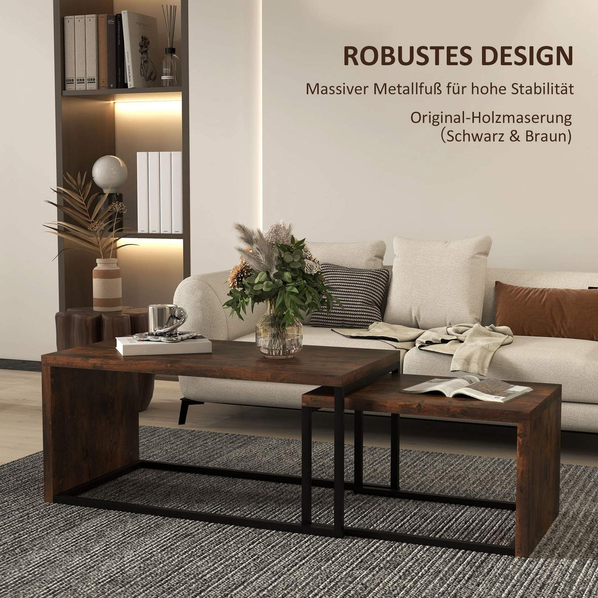 Set of 2 coffee tables, sofa table, side table, coffee table, various shapes, multifunctional, elegant, simple, metal base, black and brown