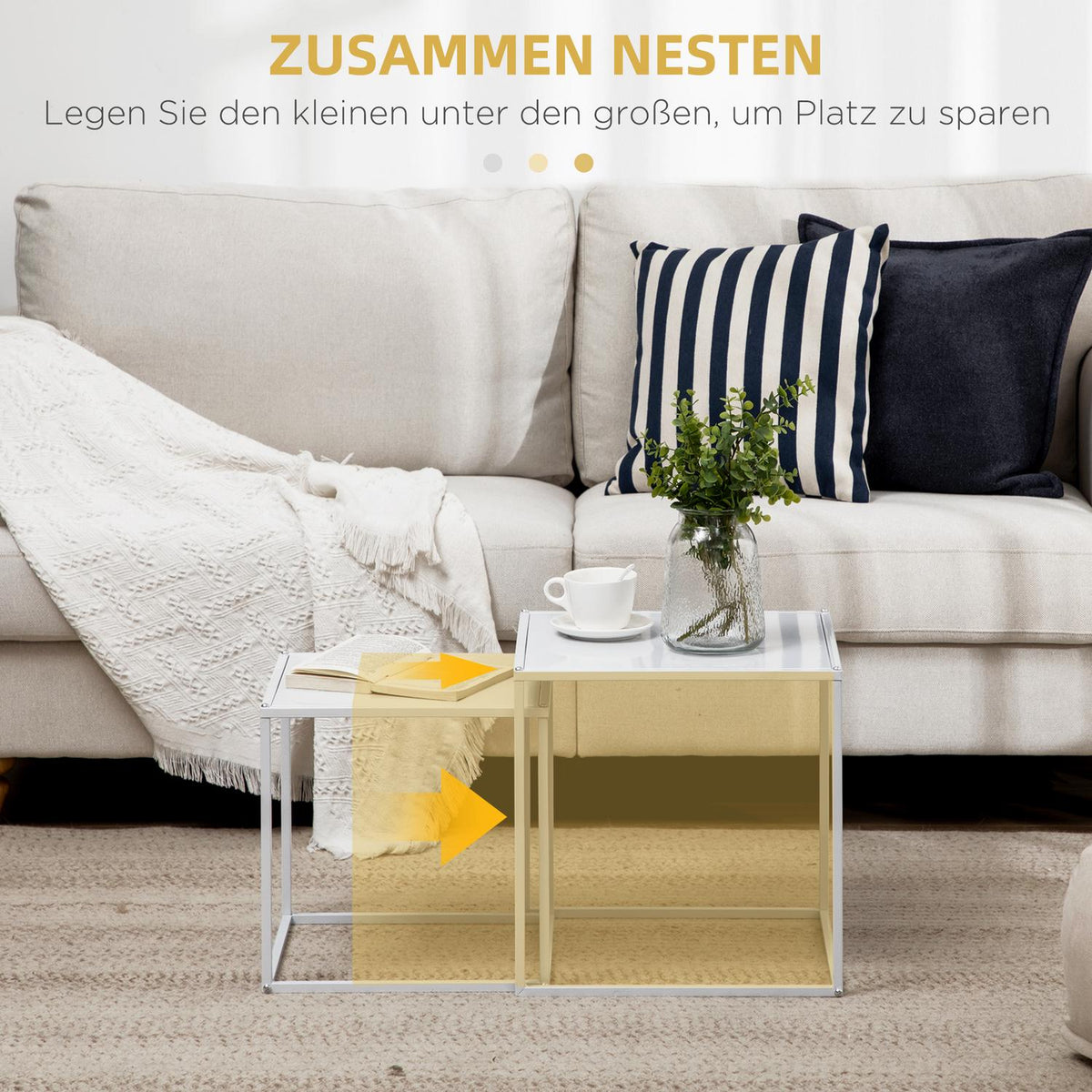 Set of 2 coffee tables, square side tables, coffee table with steel frame, sofa table in a modern design, for living room, load capacity up to 10 kg, white
