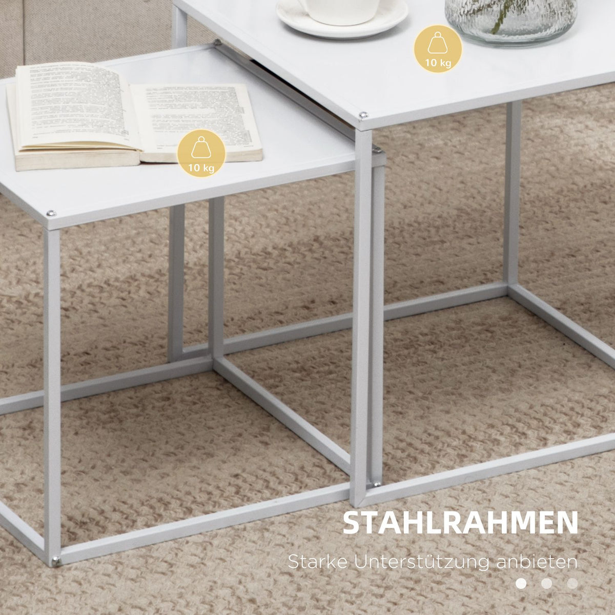 Set of 2 coffee tables, square side tables, coffee table with steel frame, sofa table in a modern design, for living room, load capacity up to 10 kg, white