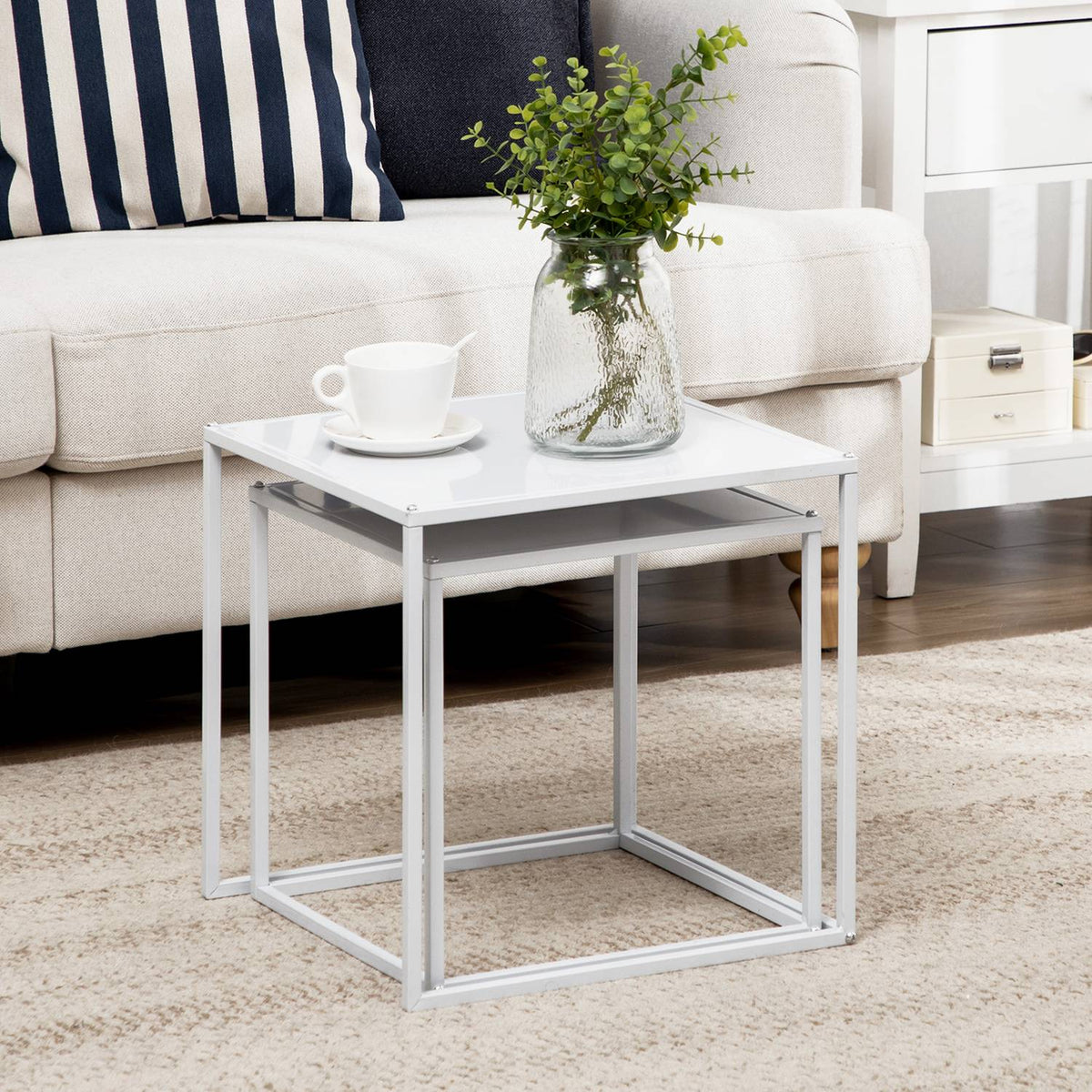 Set of 2 coffee tables, square side tables, coffee table with steel frame, sofa table in a modern design, for living room, load capacity up to 10 kg, white