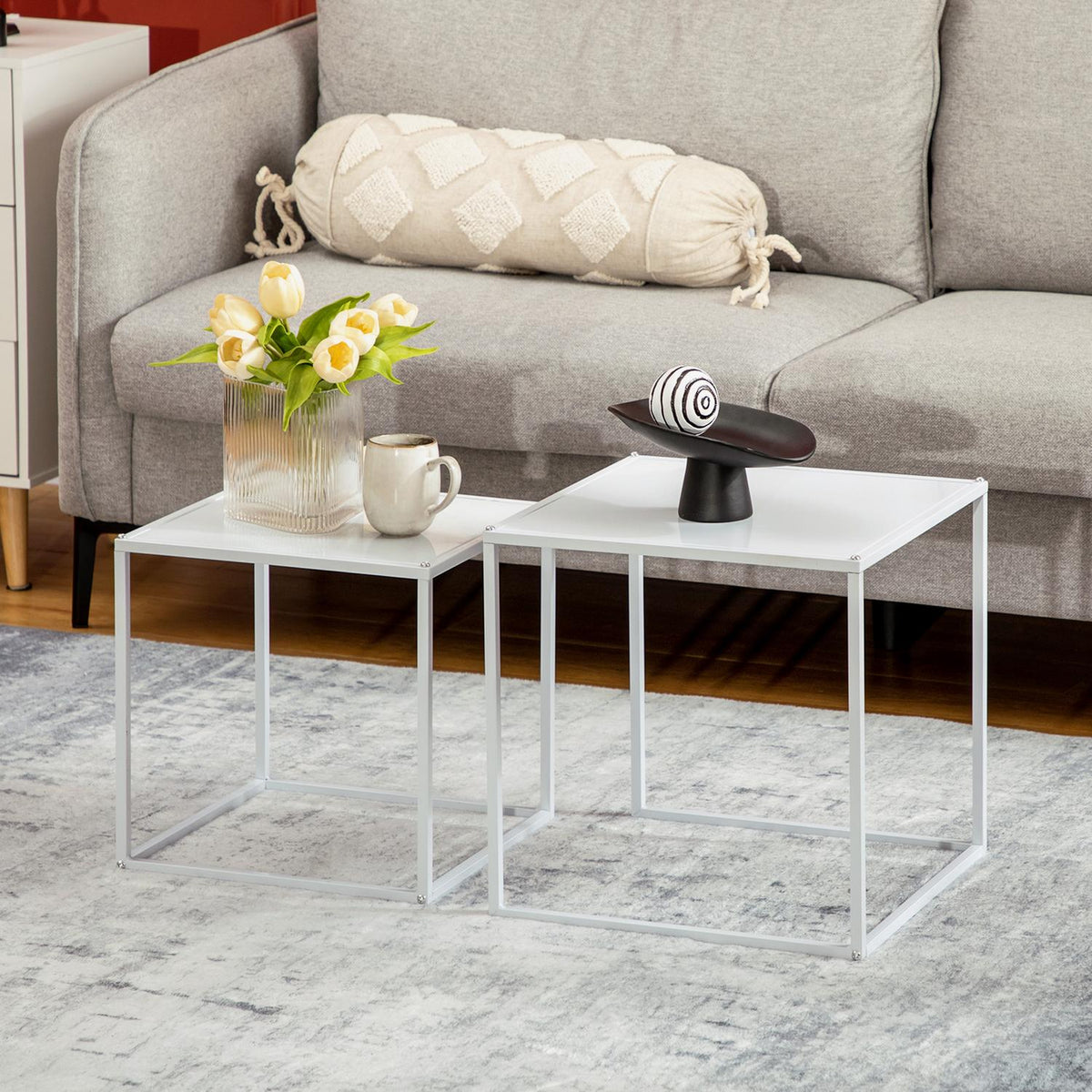 Set of 2 coffee tables, square side tables, coffee table with steel frame, sofa table in a modern design, for living room, load capacity up to 10 kg, white