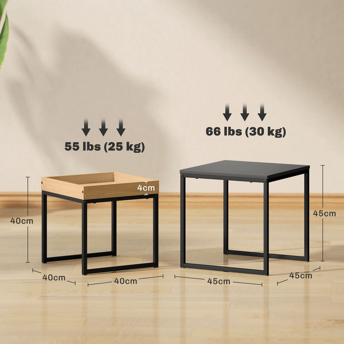 Set of 2 coffee tables, square side tables, coffee table with steel frame, sofa table in a modern design, for living room, load capacity up to 30 kg, black + oak