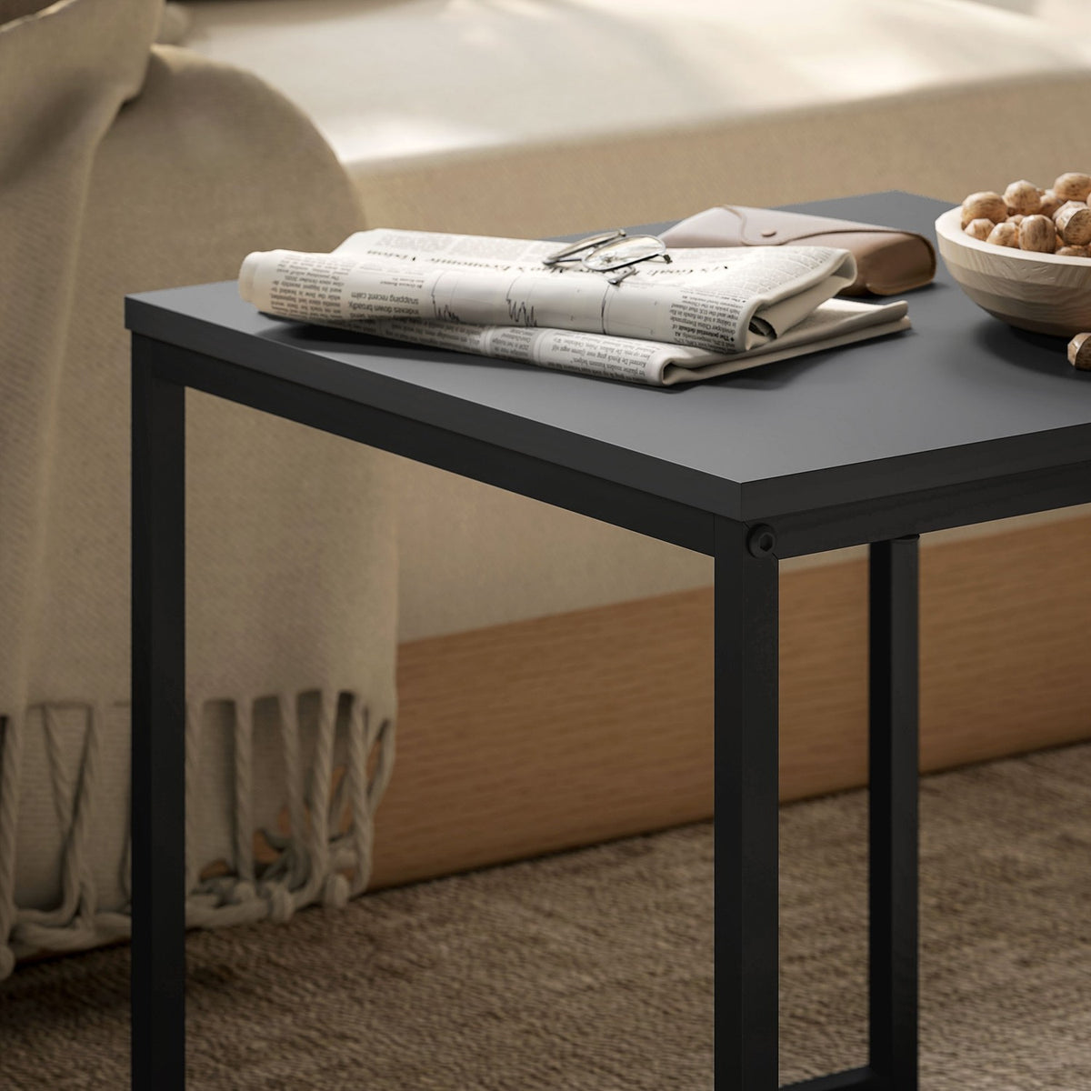 Set of 2 coffee tables, square side tables, coffee table with steel frame, sofa table in a modern design, for living room, load capacity up to 30 kg, black + oak